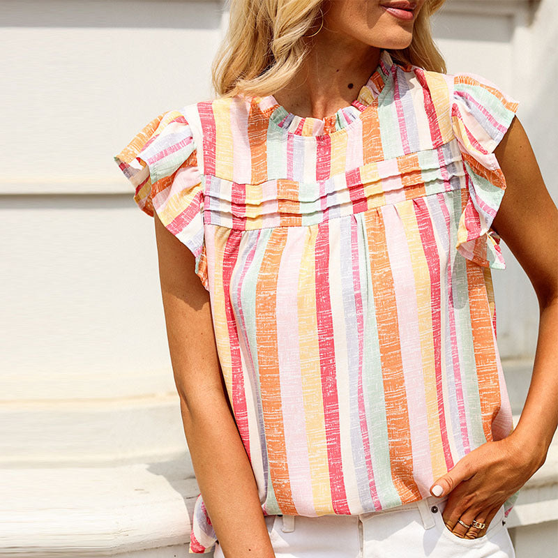 Multi Color Stripe Color Block Frill Round Neck Sleeveless Top Women Summer Camisole