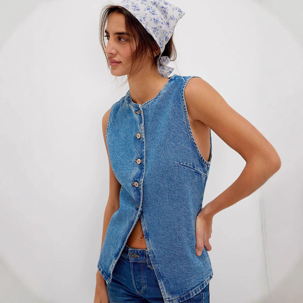 Casual Slim Fit Buttoned Women Clothing Denim Sleeveless Vest