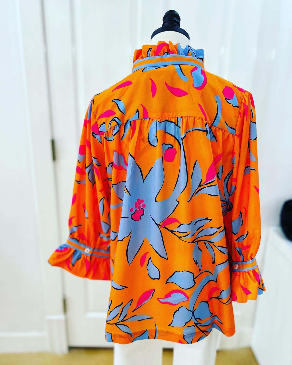 Ladies Orange Background Blue Floral Stand Collar Ruffle V neck Loose Gathers Top