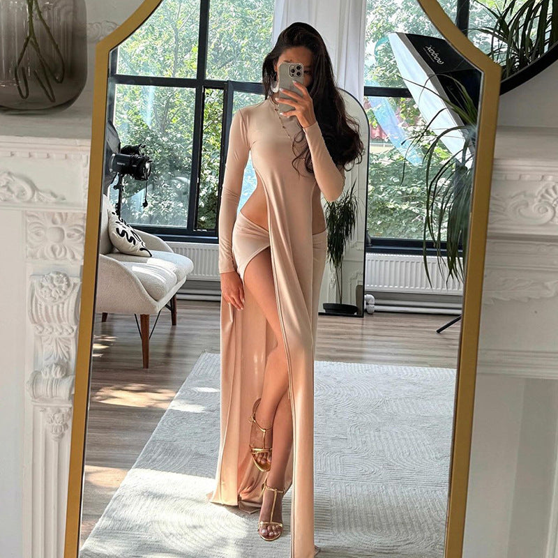 Women Clothing Fall round Neck Irregular Asymmetric with Personality Long Sleeve T shirt Solid Color Slim Skirt Set