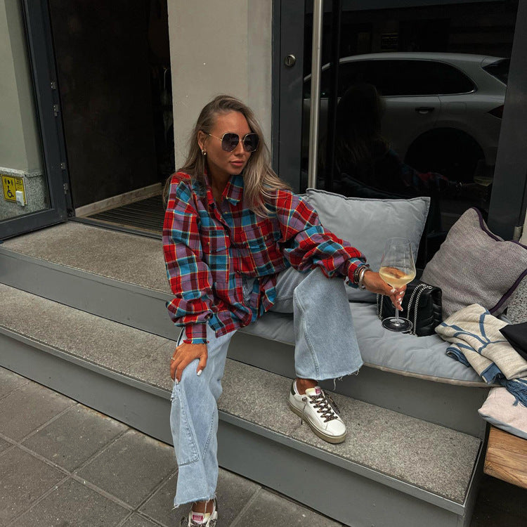 Fall Collared Long Sleeve Top Women Retro Loose Single Row Multi Buckle Plaid Shirt Women