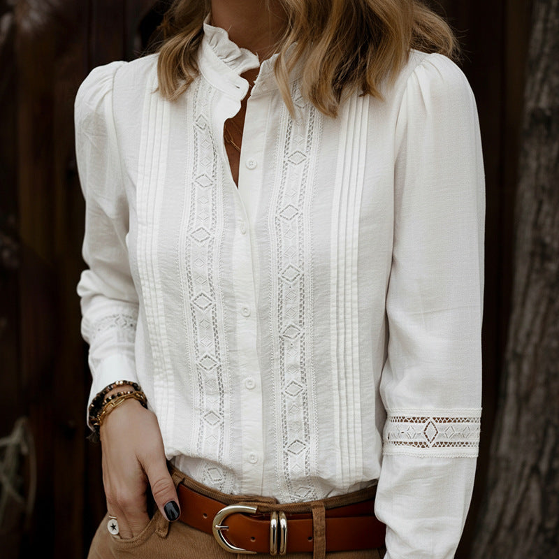 Office Stitching Lace Stand Collar Hollow Out Cutout out Long Sleeve White Shirt Women Autumn