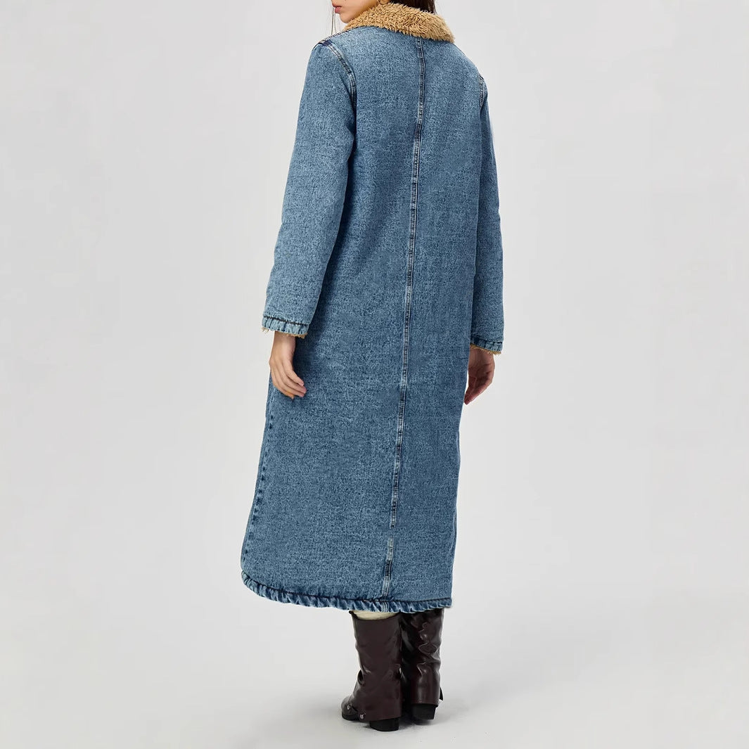 Women Clothing Loose Long Velvet Lining Cotton Padded Coat Denim Coat