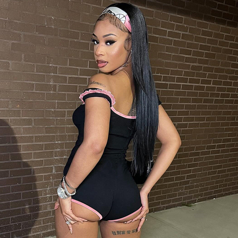 Summer Contrast Color Lace Stitching Square Collar Sexy Girl Tight Jumpsuit