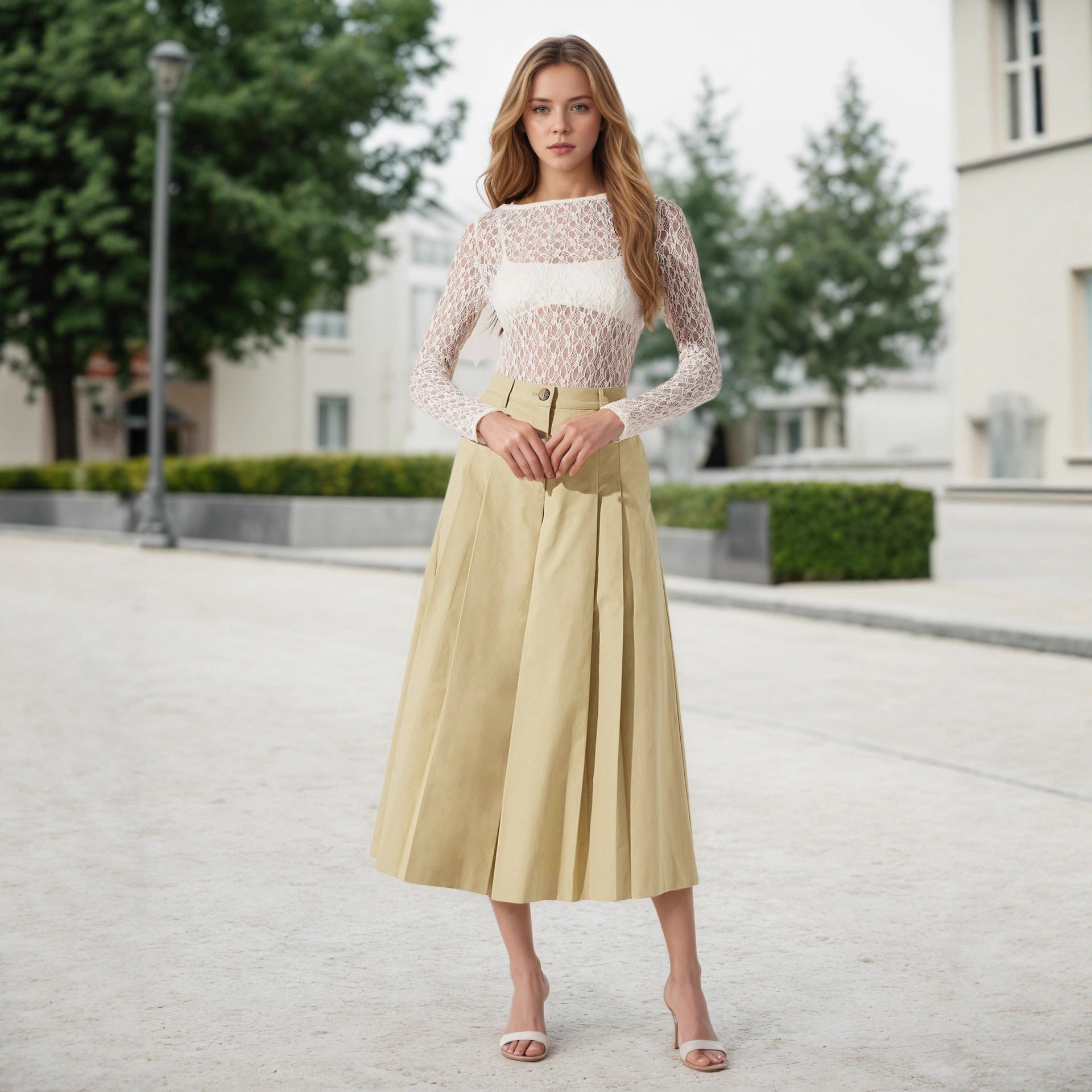 Women Pantskirt High Waist Casual Slimming Pleated Design Wild Wide Leg Pants