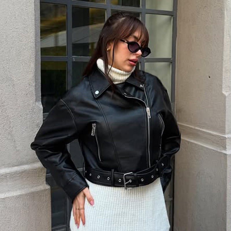 Retro Elegant Leather Zipper Coat Women Short Slimming Street Solid Color Jacket