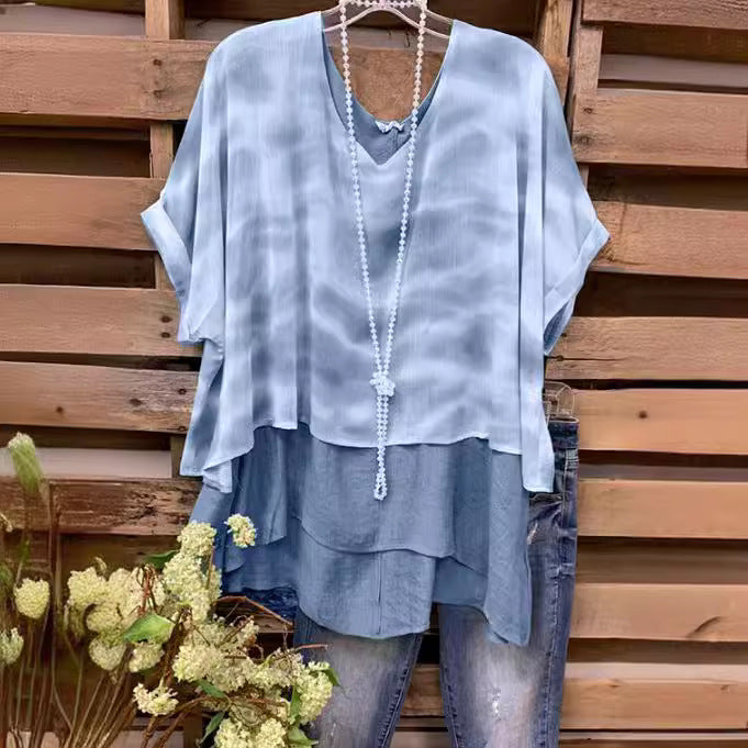 Ladies Tie Dye Multi Layer Patchwork Short Sleeved T Shirt