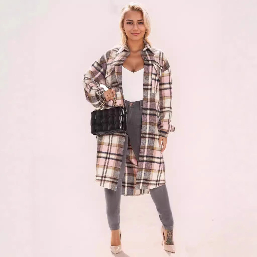 Plaid Printed Jacket Button Women Clothing Trench Coat