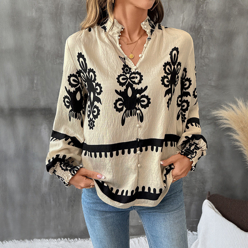 Autumn Cardigan with Buttons Stand Collar Retro Ethnic Print Long Sleeve Shirt