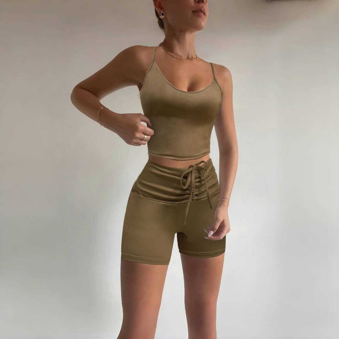 Ensemble débardeur basique uni pour femme, taille haute, coupe pêche, cordon de serrage et shorty.