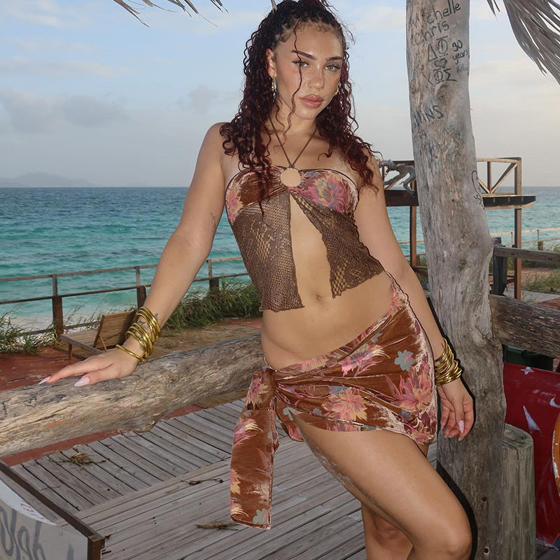 Spring Summer Women Sexy Cropped Halterneck Vest Bikini Three Piece Sets