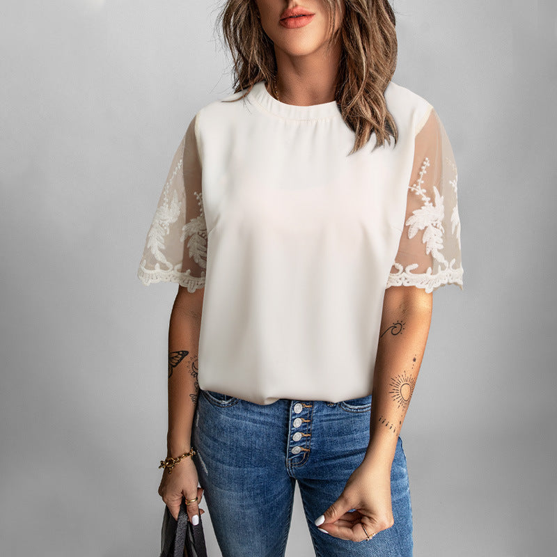 Lace Short-Sleeved Top WomenSolid Color Casual Chiffon Shirt