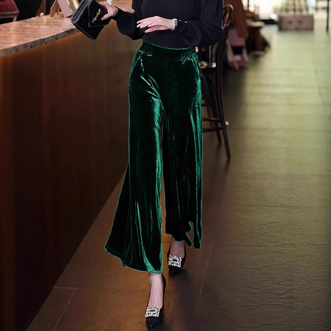 Fall Winter Trendy Draped Casual Pants Gold Velvet Bell Bottom Pants Wide Leg Pants Women