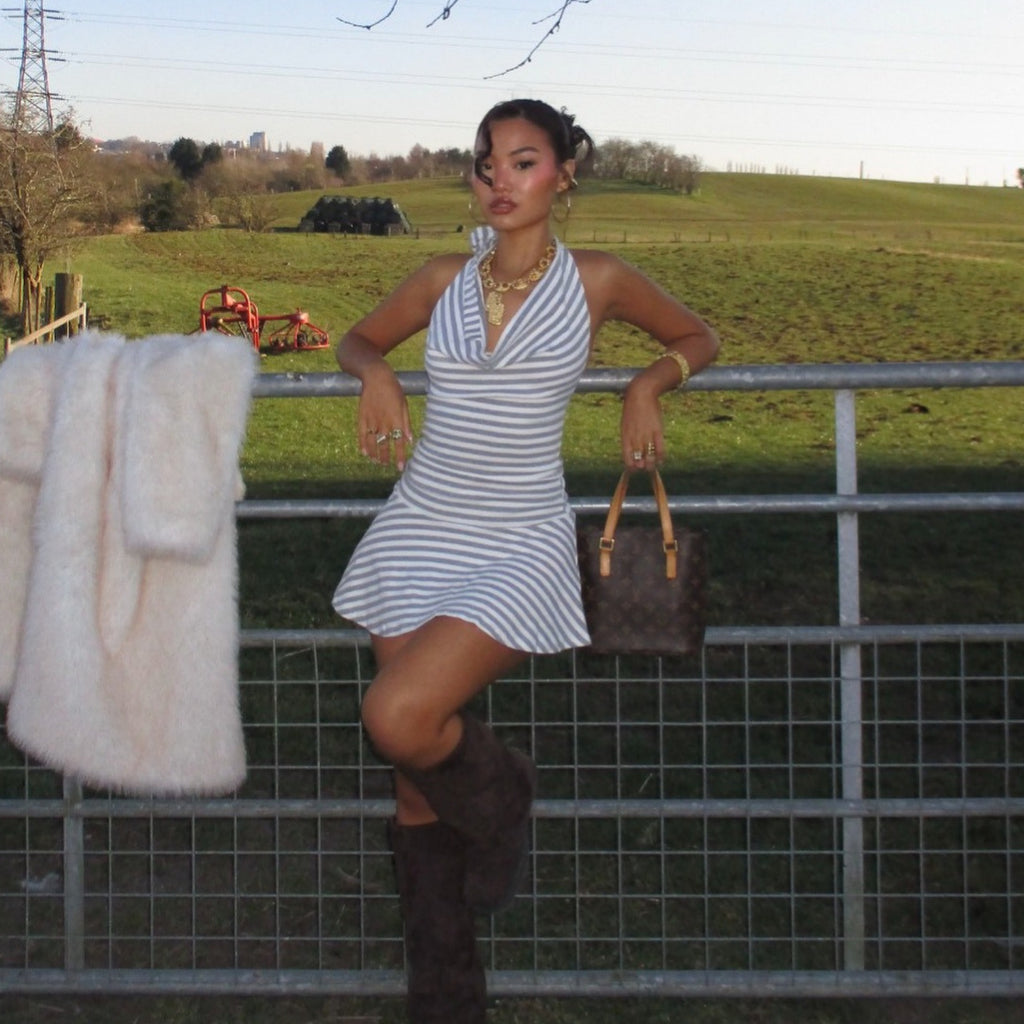 Women Clothing Striped Printed Halter Dress Swing Collar Sexy Backless Waist Trimming A line Dress