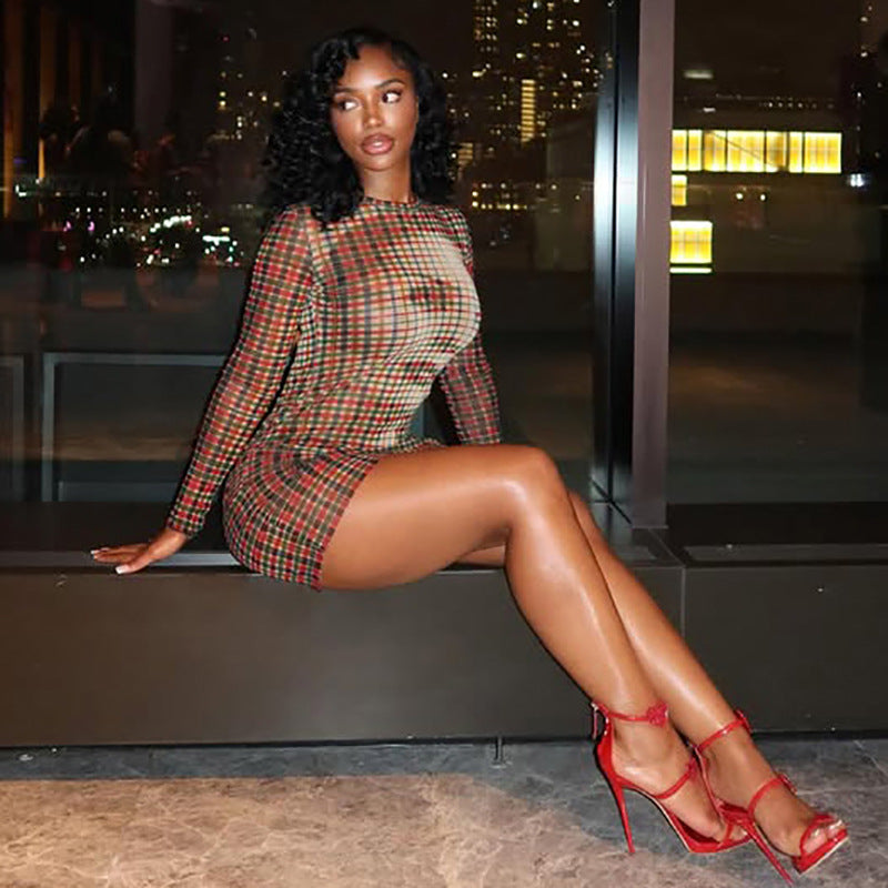 Autumn Slim Printed Plaid Long Sleeve Narrow Short Skirt Special Dress Women Clothing