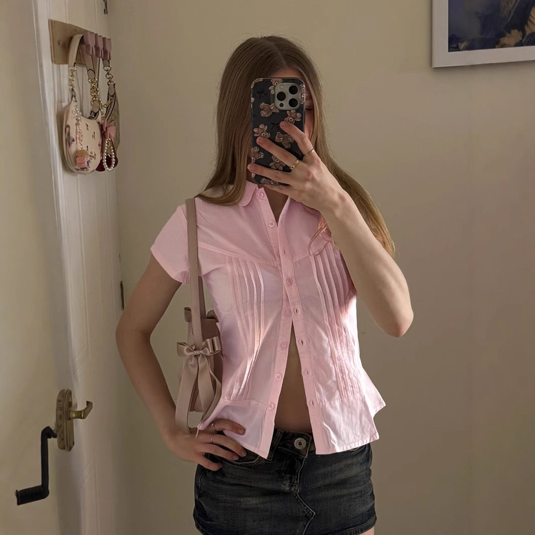 Organ Pleated Gentle Girl Waist Trimming Shirt Trend Women Wear Fresh Solid Color Short Sleeve Top