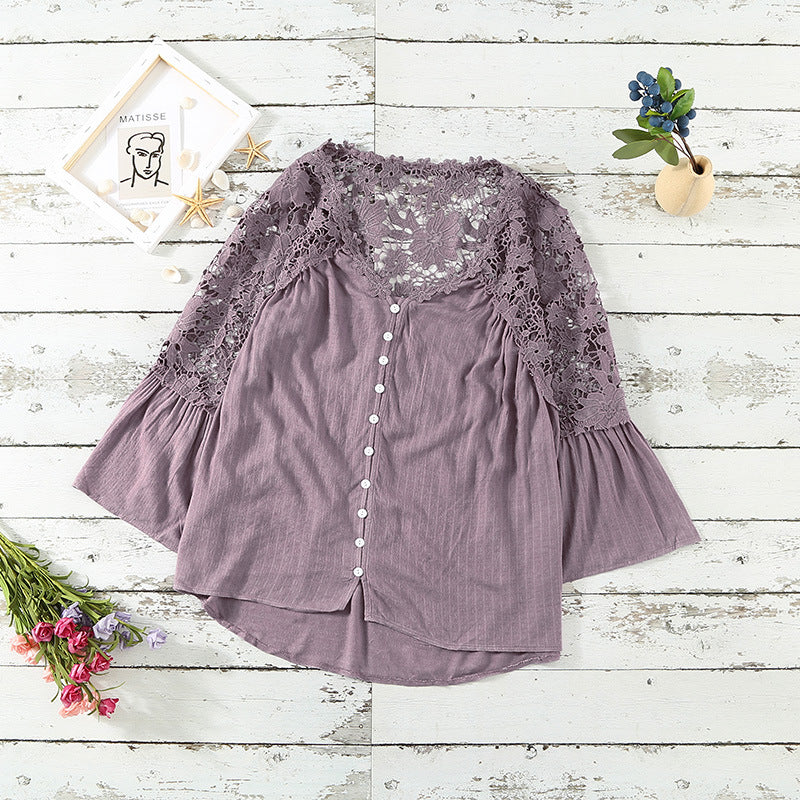 Chiffon Shirt Women Spring Autumn Solid Color V Neck Single Breasted Casual Shirt Long Sleeve Top