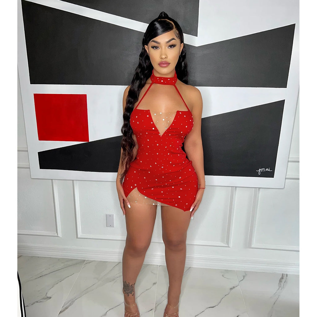 Summer Women Clothing Sexy Tight Halter Rhinestone Dress Short Women