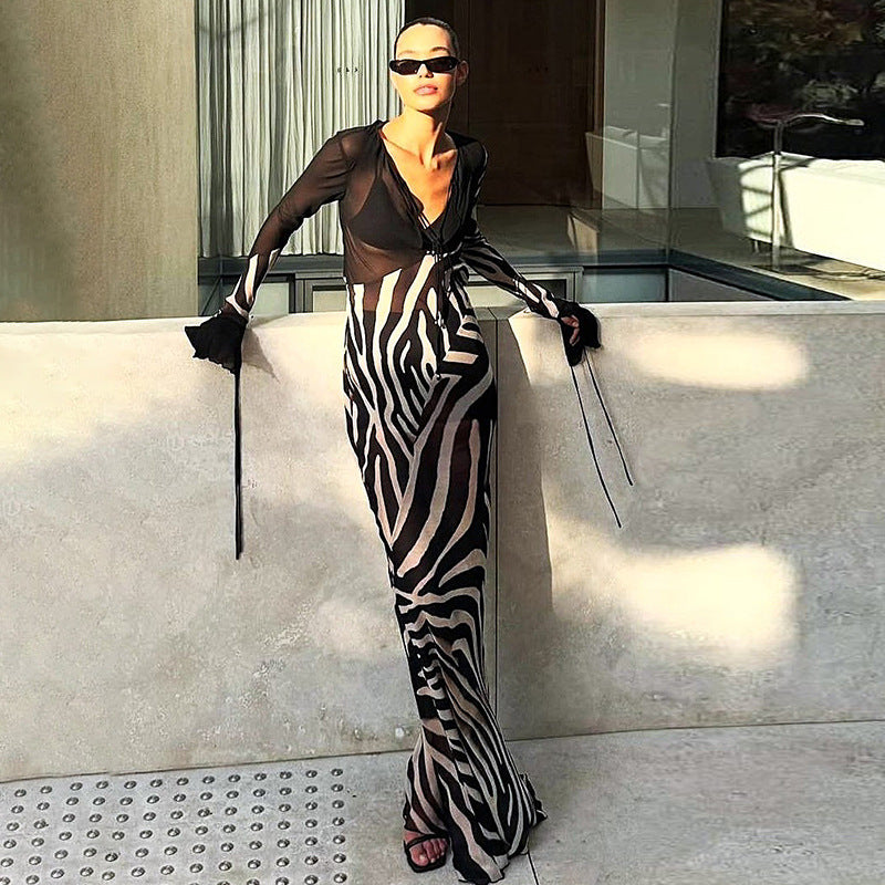 Summer Women Clothing Color Contrast Printed Sexy V neck Mesh Long Sleeve Dress