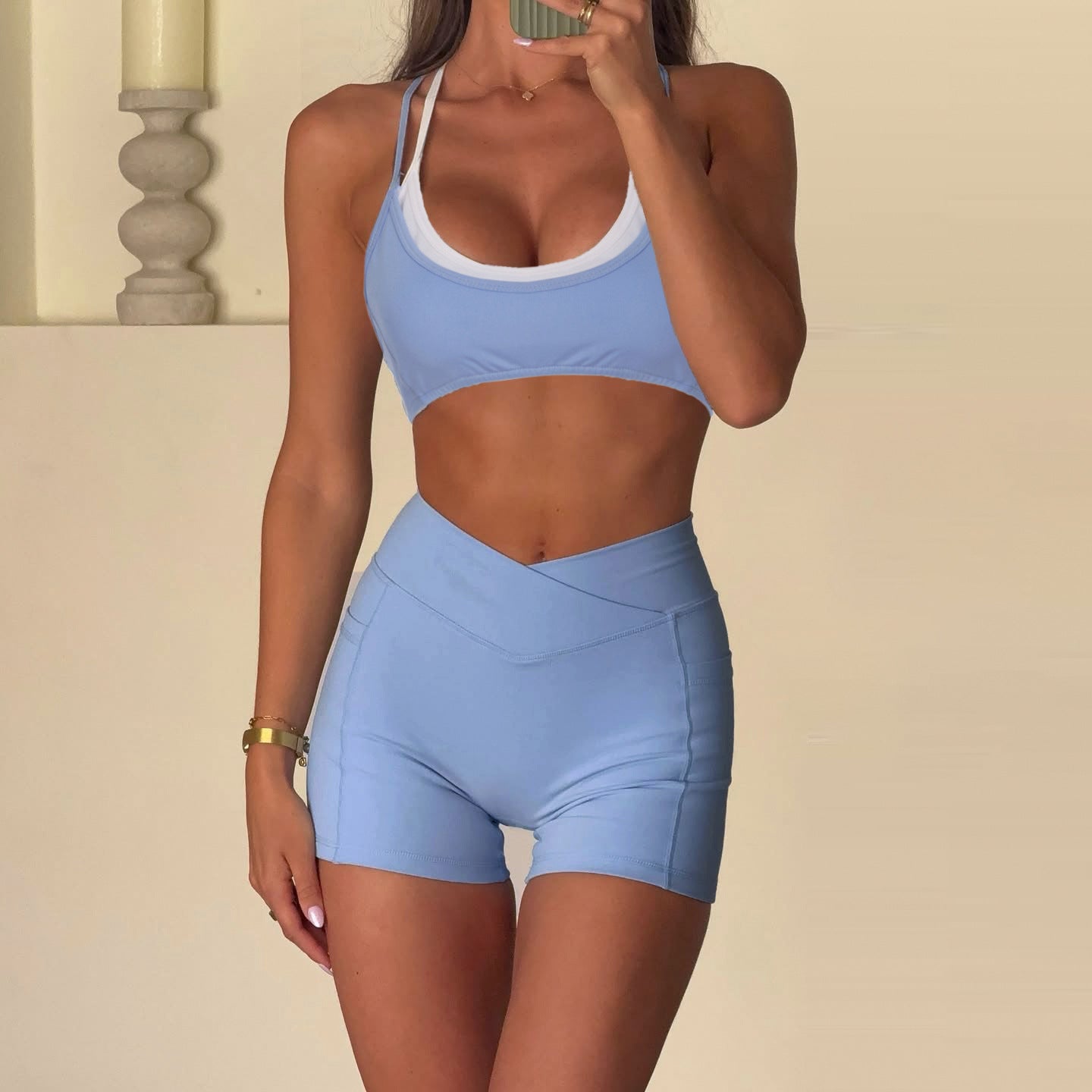 Conjunto deportivo informal de dos piezas con tirantes y contraste de color para yoga y fitness para mujer