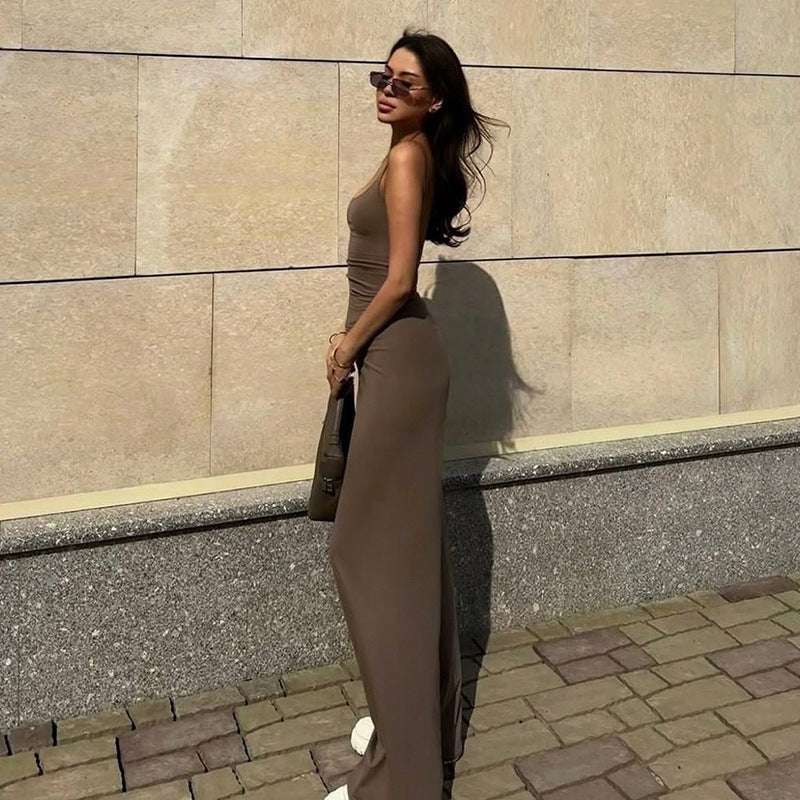 Women Clothing Summer Solid Color Casual Set Square Collar Vest Wide Leg Pants Sports Two Piece Set