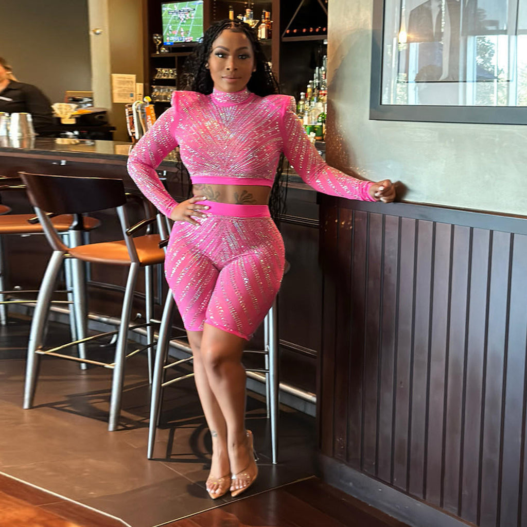 Summer Women Clothing Sexy Tight Mesh See through Long Sleeve Drilling Two Piece Set Rain Pants