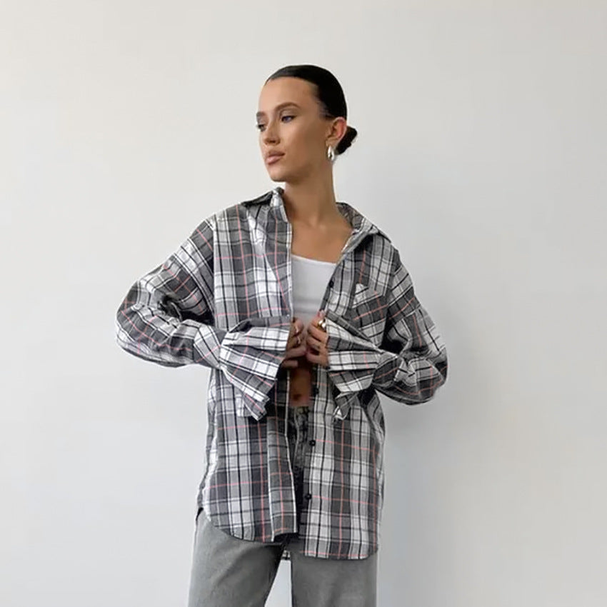Autumn Winter Wild Classic Polyester Cotton Plaid Long Sleeved Shirt Retro Lazy Casual Women Pocket Loose Shirt