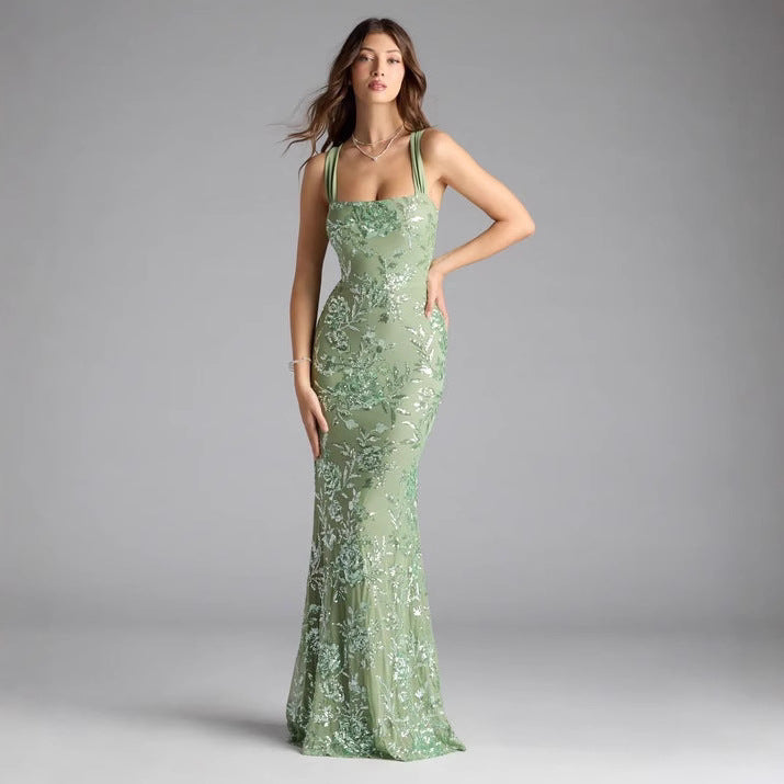 Women Dress Spring Summer Sexy Strap Backless High Slit Socialite Dress