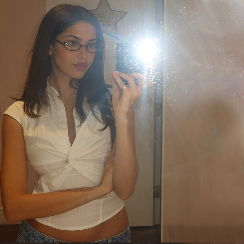 Women Clothing Summer Sexy Polo Collar Twisted Short Solid Color Cropped T shirt Top for Women