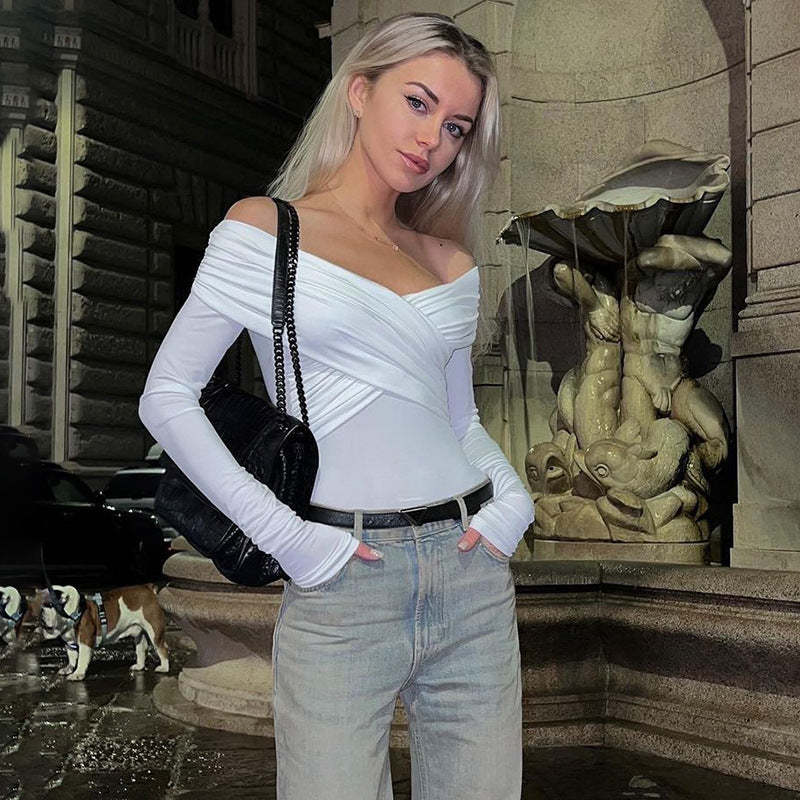 Arrival Sexy V neck off Shoulder Stitching Long Sleeve Solid Color Slim Fit All Match Jumpsuit