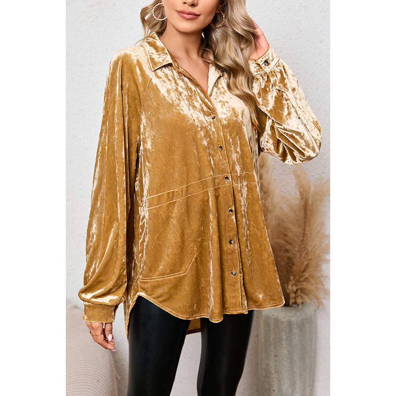 Fall Solid Color Buttons Long-Sleeved Shirt for Women Loose Slim Fit Velvet Shirt for Women