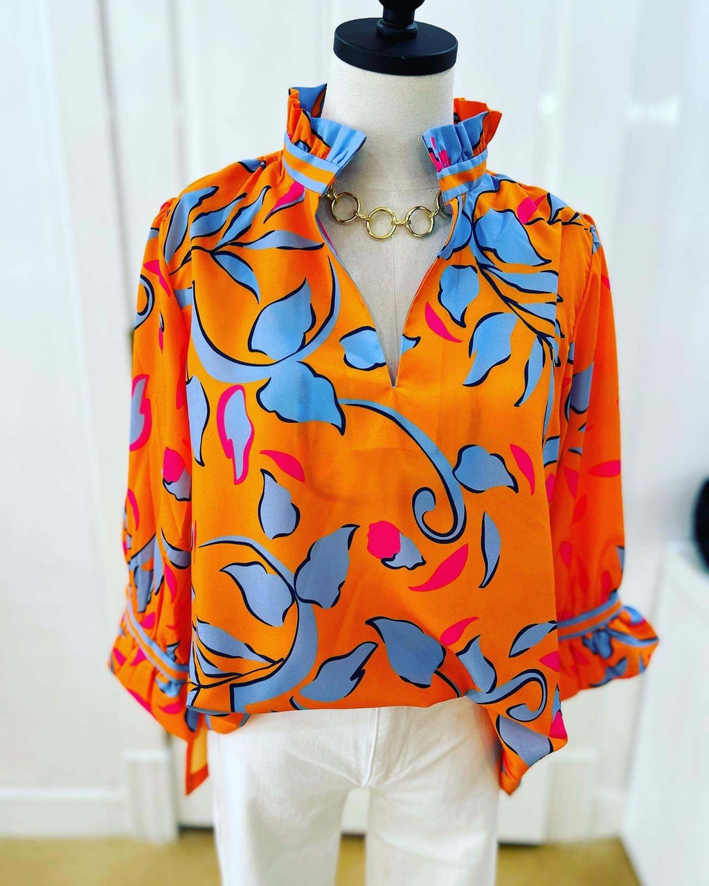 Ladies Orange Background Blue Floral Stand Collar Ruffle V neck Loose Gathers Top