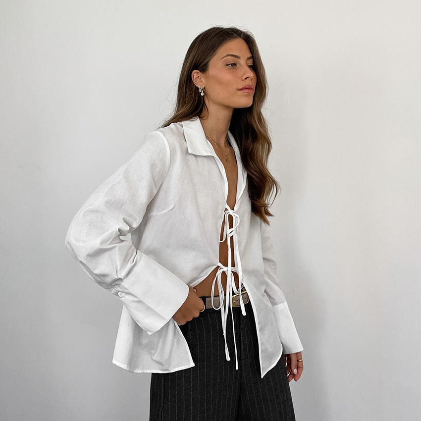 Casual Sexy See-through Loose Collared Long Sleeves White Cardigan Shirt Summer Cotton Linen Shirt for Women