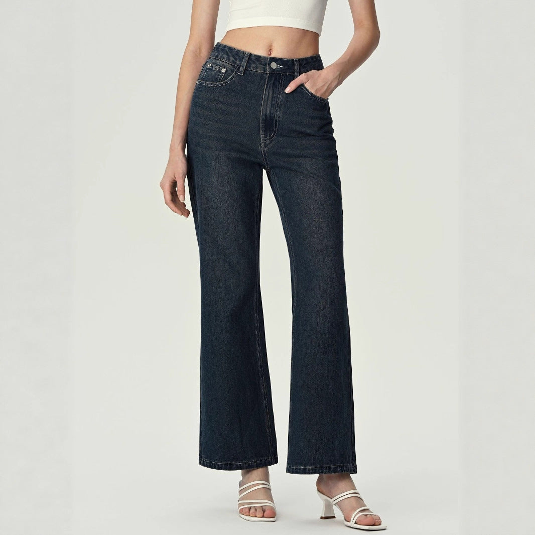 Retro Blue Women Clothing Loose High Slimming Flared Denim Trousers