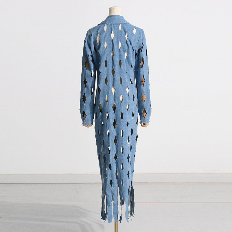 Winter Street Hipster Twisted Ripped Design Long Denim Jacket Tassel Top for Women