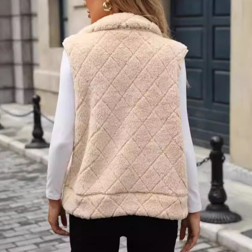 Women Clothing Autumn Winter Cardigan Zipper Loose Diamond Lattice Coat Plush Vest
