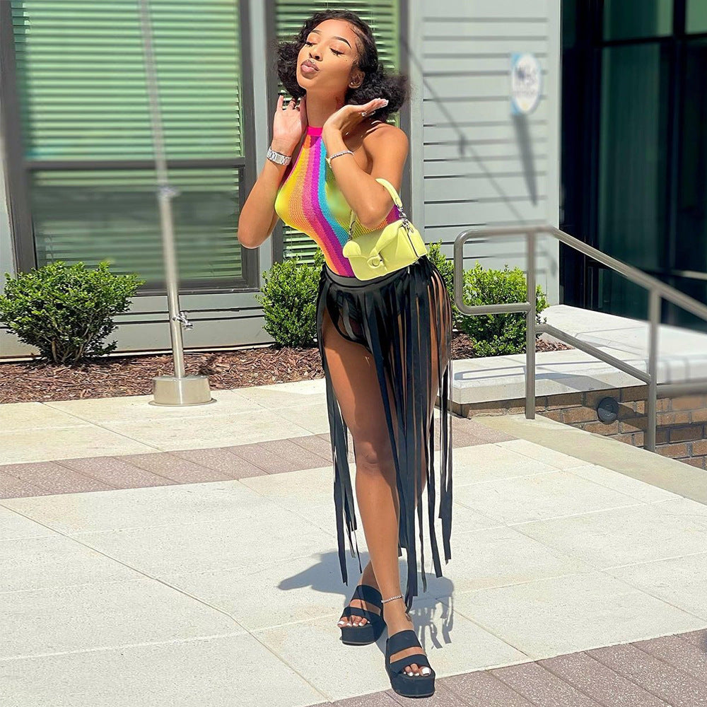 Vêtements d'automne pour femmes - Jupe fendue sexy à découpes et pompons personnalisée