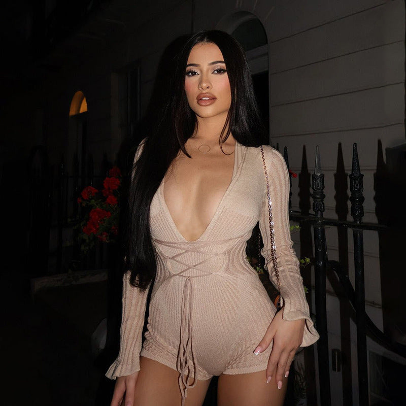 Fall Women Clothing Trend Sexy Deep V Plunge Neck Striped Contrast Color High Waist Lace Up Jumpsuit