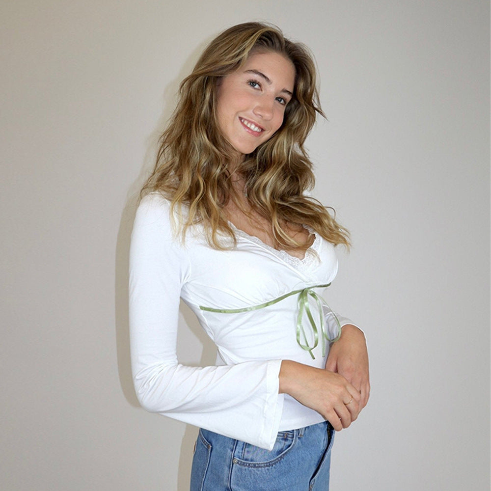Women Tops V neck Lace Bow Long Sleeve Sexy Slim T shirt