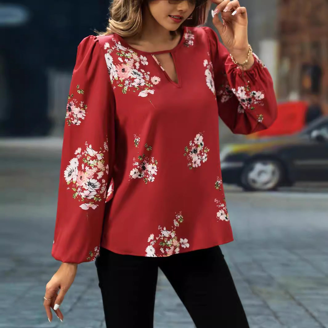 Women Clothing Best Seller Elegant Spring Autumn Lantern Sleeve Printing Long Sleeve Women Shirt