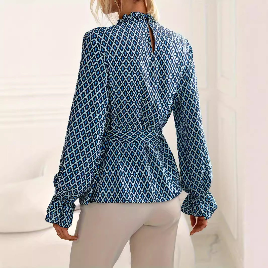 Spring Autumn Women Clothing Spring Autumn Geometric Abstract Pattern Horn Long Sleeve Shirt Top