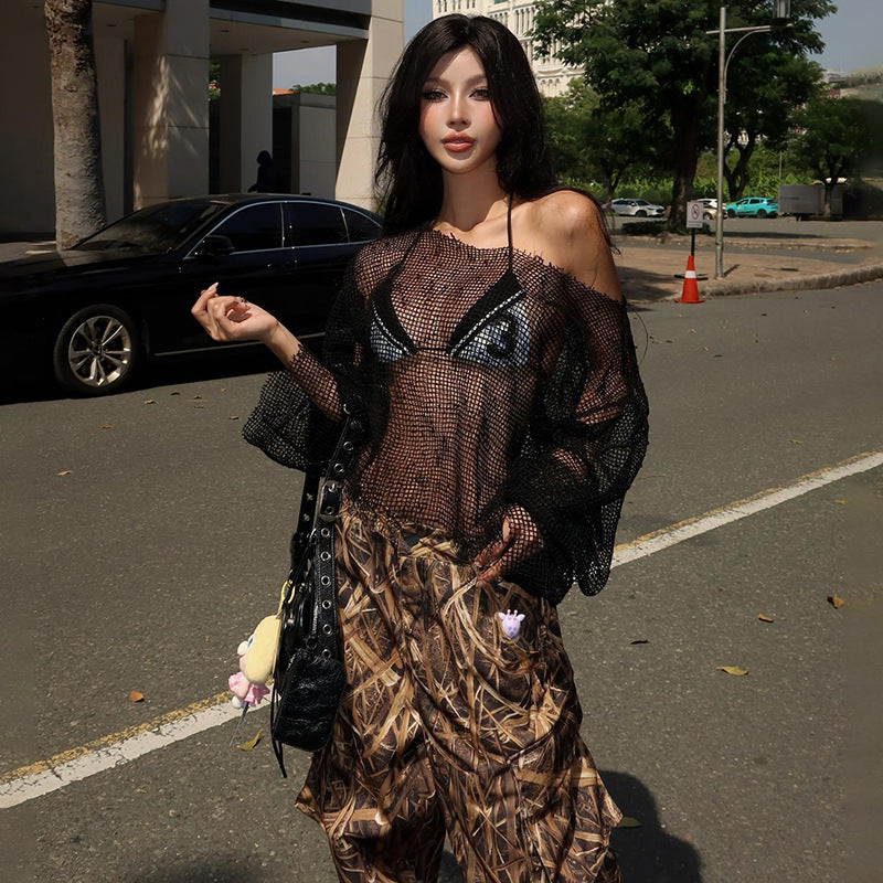 Haut sexy automne-hiver à épaules dénudées, coupe ample, couleur unie, manches longues, en maille.