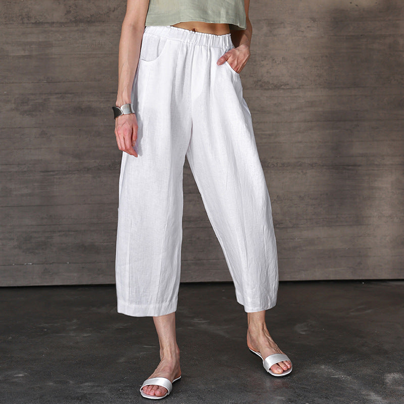 Pure Linen Cropped Pants Women Autumn Elastic Waist Radish Pants Loose Pants All Matching Slimming Straight Pants