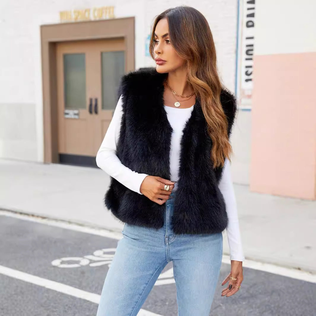 V neck Short Women Faux Fur Coat Vest Top Artificial Fur Vest