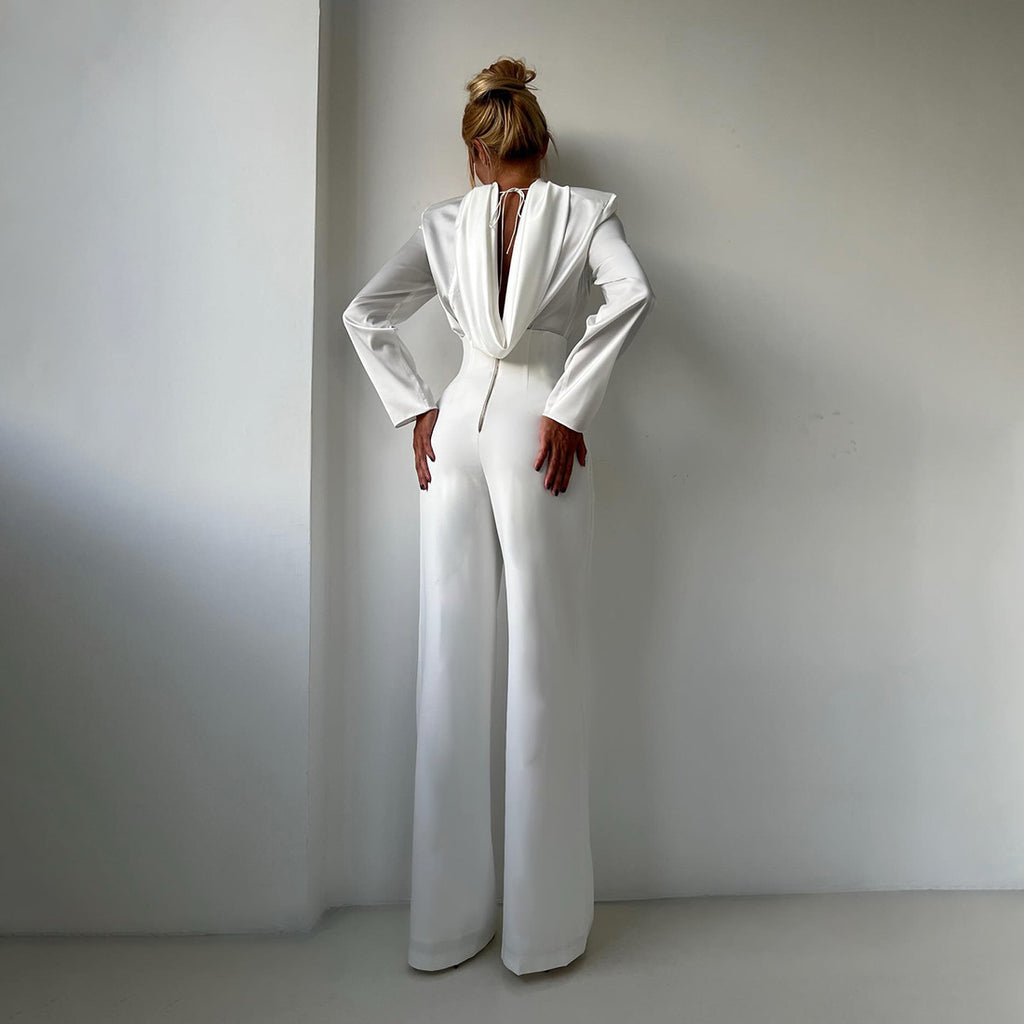 Women Clothing Autumn Winter Elegant White Stand up Collar Tie Top High Waist Wide Leg Slim Pants Two Piece Sets