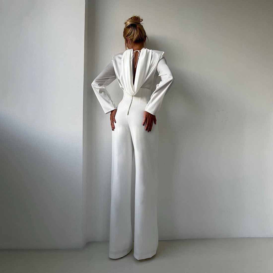 Women Clothing Autumn Winter Elegant White Stand up Collar Tie Top High Waist Wide Leg Slim Pants Two Piece Sets