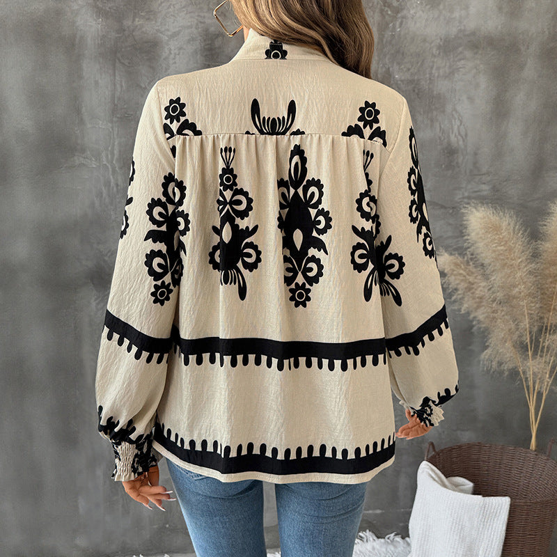 Autumn Cardigan with Buttons Stand Collar Retro Ethnic Print Long Sleeve Shirt