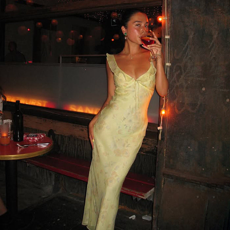 French Holiday Floral Strap Dress Ruffled Gentle Sexy Flying Sleeve Maxi Dress for Women