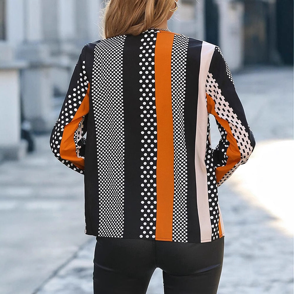 Women Clothing Top Spring Elegant Contrast Color Houndstooth Long Sleeve V neck Pullover