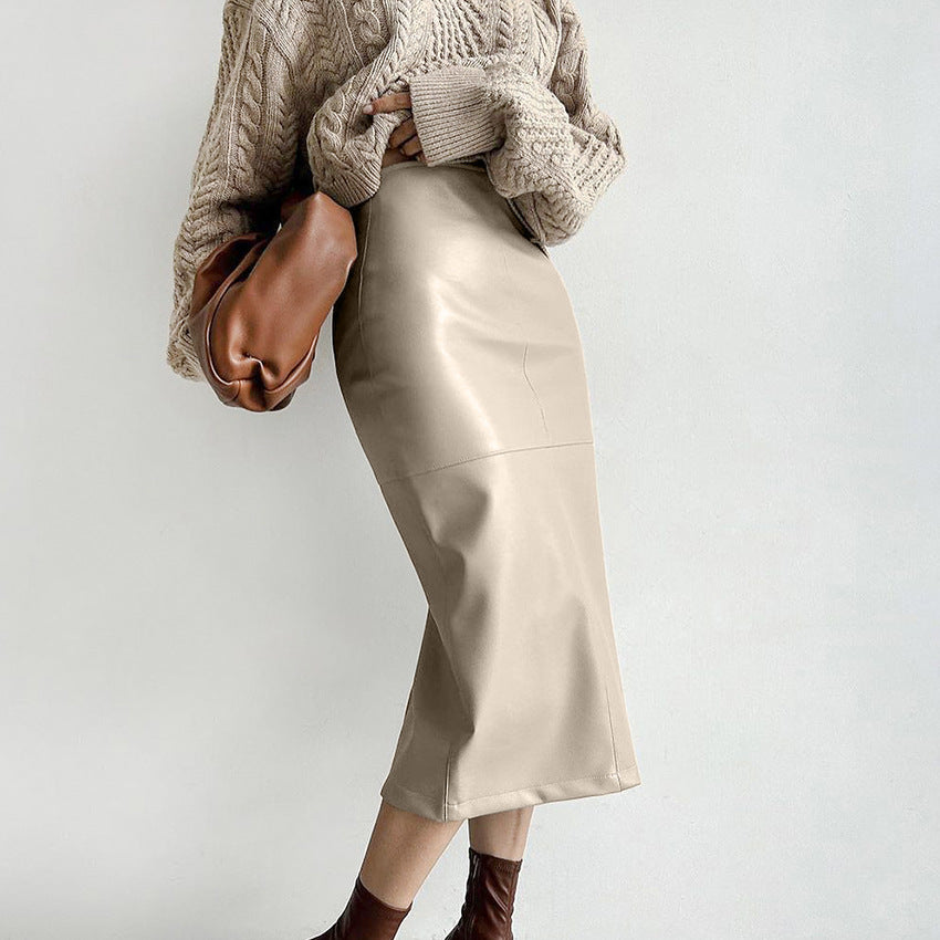 Jupe fendue décontractée taille haute en similicuir mat, doublée polaire kaki style rétro classique automne-hiver pour femme